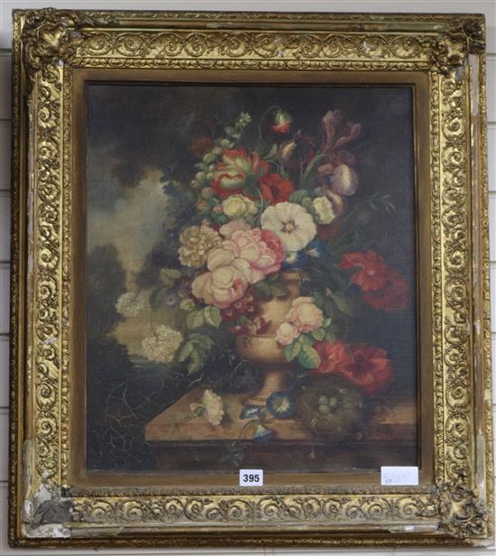 19th century English School, oil on canvas, still life of flowers in a vase on a ledge, 53 x 45cm